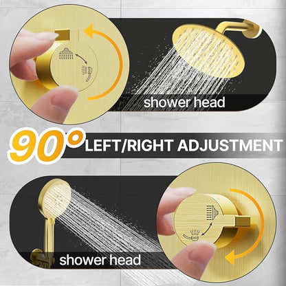 Shower Faucet Set Brass 8IN Rough-In Valve Body Trim Kit Rainfall Included Handle Accessories Complete 2 Functions with Rain Head and Handheld Bathroom Systems (8‘’, Brushed Gold)