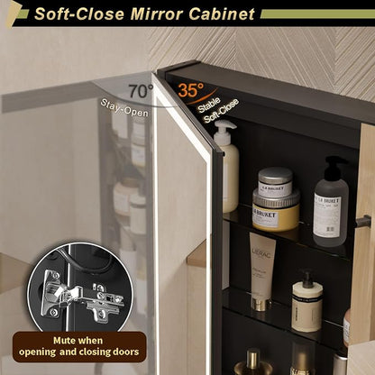 30*28 inch Two-door Aluminum LED Lighted Bathroom Medicine Mirror Cabinet | Light Adjustable, Sockets & USBs inside, Anti-Fog, Easy to Install