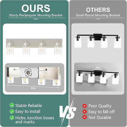 IZORRO Bathroom Vanity Light Fixture, 4-Light 30 Inch Brushed Nickel Bathroom Light Fixtures Over Mirror, with Clear Glass Shade, Modern Farmhouse Vanity Lights, Rustic Restroom Lighting Fixtures