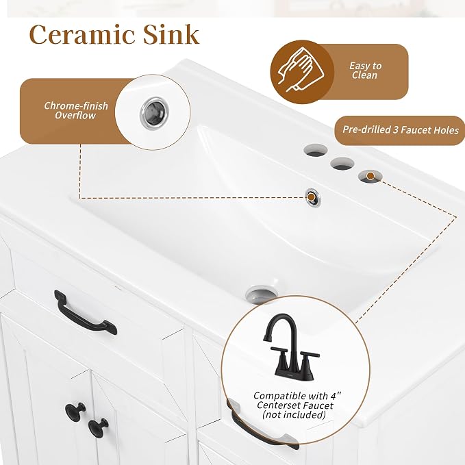 Merax 30 Inch Bathroom Vanities with Undermount Ceramic Sink, Storage Cabinet with Soft Closing Doors and Three Drawers, Solid Wood Frame, White