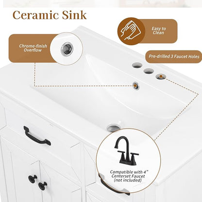 Merax 30 Inch Bathroom Vanities with Undermount Ceramic Sink, Storage Cabinet with Soft Closing Doors and Three Drawers, Solid Wood Frame, White