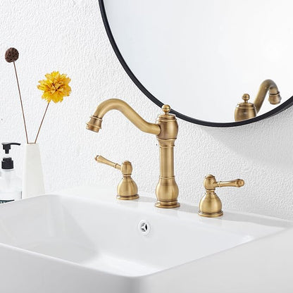 GGStudy 2 Handles 3 Holes Faucet Widespread Bathroom Sink Faucet Basin Tap Mixer Supply Hose Included Matching Pop Up Drain Antique Brass