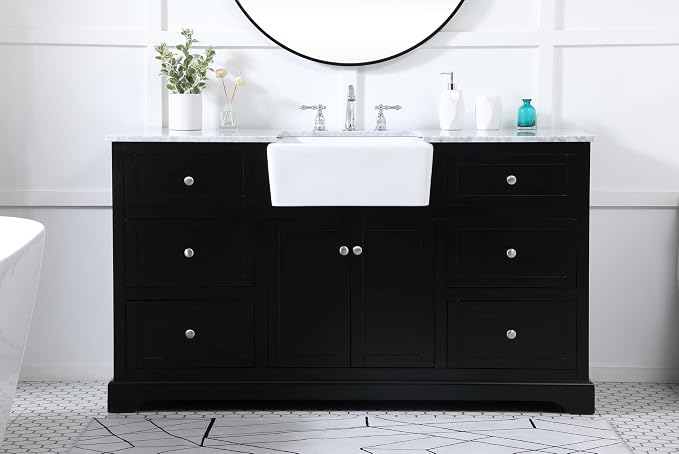 60" Pre-Assembled Bathroom Vanity with Sink, Solid Birch and MDF, Carrara White Marble Countertop Attached, Single Rectangle Porcelain Sink, 6 Soft-Close Drawers, Black