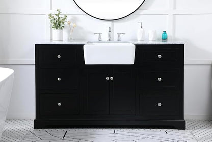 60" Pre-Assembled Bathroom Vanity with Sink, Solid Birch and MDF, Carrara White Marble Countertop Attached, Single Rectangle Porcelain Sink, 6 Soft-Close Drawers, Black