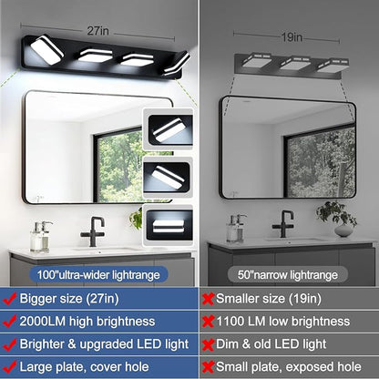 360° Rotate LED Bathroom Vanity Light Fixtures, 1600LM Acrylic Matte Black Vanity Lights for Bathroom, Modern Wall Lighting Fixtures Over Mirror Kitchen Living Room Hallway (Natural White Light 5000K)