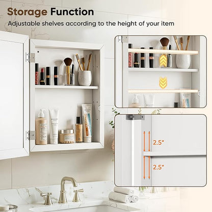 Antok Medicine Cabinet with Mirror 15x19 inch, Wall-Mounted Bathroom Mirrors with Storage Modern, in Recessed Vanity Medicine Cabinets Door Wooden Frame Shelf Surface Mount Over Sink Organizer, White