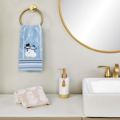 SKL Home Christmas Winter Friends Snowman Hand Towel Set-2pc, Blue | 100% Cotton. 450 GSM. Soft & absorbent jacquard with embroidery. Great for the bathroom, kitchen or bar & holiday gifting.