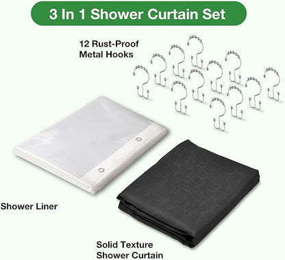 3 in 1 Shower Curtain Set, 72x78 Black Shower Curtain and Liner Set with 12 Double Sided Shower Curtain Hooks, Cloth Shower Curtains for Bathroom,Waterproof