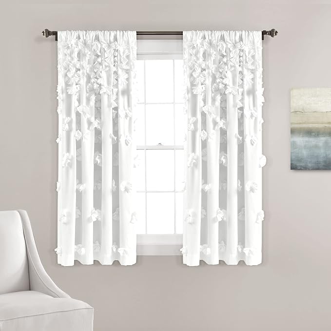 Lush Decor Riley Light Filtering Window Curtain Panel, Single 54" W x 63" L, White - Cute White Curtains for Bedroom - Bow Decor - Coquette Curtains for Windows