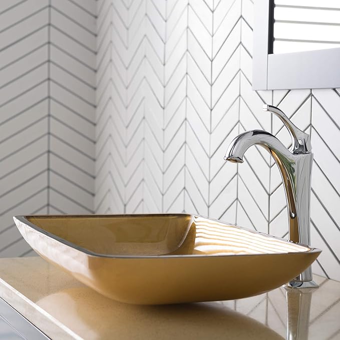 KRAUS 22-inch Rectangular Gold Glass Bathroom Vessel Sink and Arlo Faucet Combo Set with Pop-Up Drain, Chrome C-GVR-210-RE-1200CH