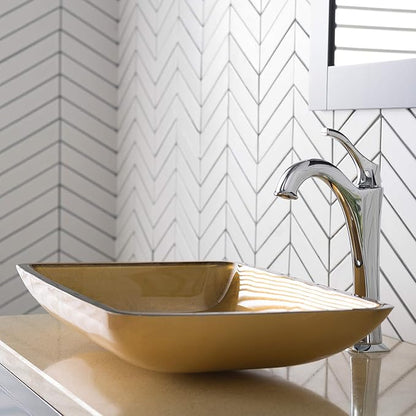 KRAUS 22-inch Rectangular Gold Glass Bathroom Vessel Sink and Arlo Faucet Combo Set with Pop-Up Drain, Chrome C-GVR-210-RE-1200CH