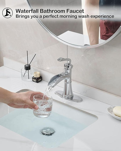 Brass Chrome Bathroom Faucet Single Handle, Bathroom Faucets One Hole, 4 Inch Waterfall Faucet for Bathroom Sink 3 Hole with Deck Plate, Pop-up Drain and Supply Hoses