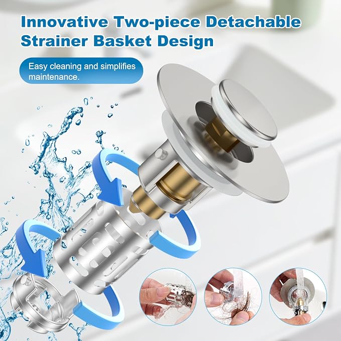 Hibbent 2 Pack Universal Bathroom Sink Drain Strainer, 3 in 1 Pop Up Stopper, Removable Stainless Steel Filter Basket, Brass Bullet Core, Hair Catcher Sink Plug for 1.1''~2.36'' Hole, Brushed Nickel