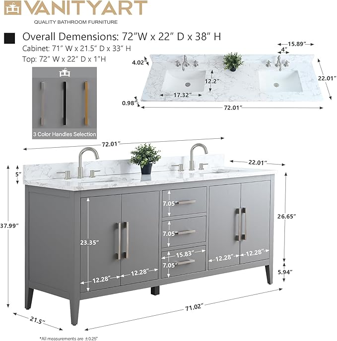 Vanity Art 72 inch Bathroom Vanity with Double Sink & Ceramic Top, Vanity Cabinet with Soft-Closing Doors, Drawers, Solid Wood Frame, Cashmere Gray, Matte Black Handware