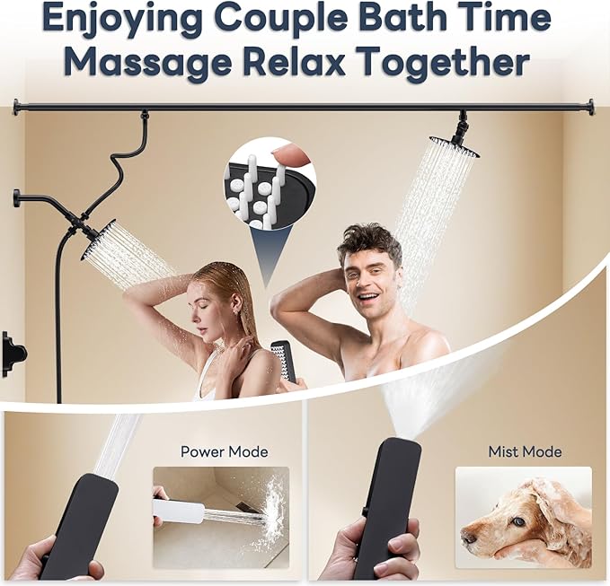 Dual Shower Head for Couples with 6-Mode Diverter, Matte Black | 304 Stainless Steel, Adjustable High Pressure Double Shower Head, Couples Gift, Renter-Friendly, Fits 53"-74" Wide Bathrooms