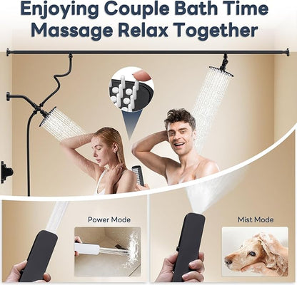 Dual Shower Head for Couples with 6-Mode Diverter, Matte Black | 304 Stainless Steel, Adjustable High Pressure Double Shower Head, Couples Gift, Renter-Friendly, Fits 53"-74" Wide Bathrooms
