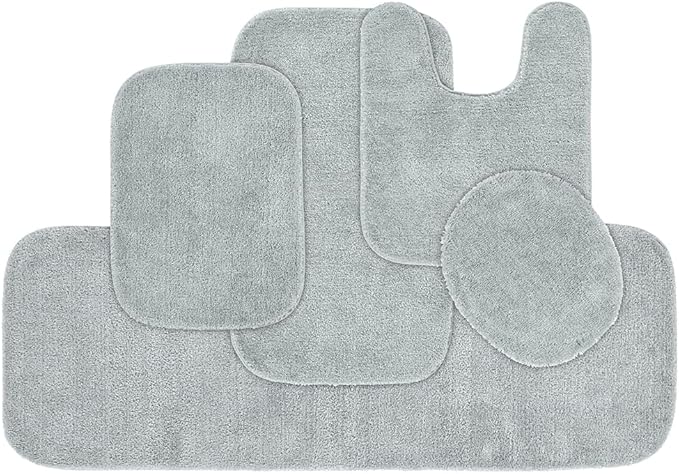 Garland Rug Traditional Nylon Washable Platinum Gray 5 Piece Set - Lid, Contour, 3 Bath Rugs - Soft, Absorbent, and Stylish for Your Bathroom