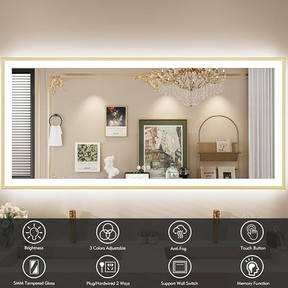60x28 Inch LED Bthroom Mirror with Gold Frame | Gold Metal Frame, Front and Backlit, 3 Colors, Dimmable, Memory, Anti Fog, Tempered Glass, Lighted Mirror for Wall