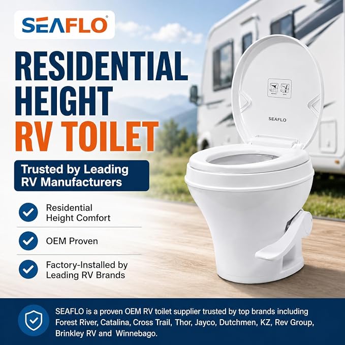 SEAFLO RV Toilet – 18.4" Residential Height, Gravity Flush Foot Pedal, 4-Year Warranty, Fits Most RVs (9.5" Rough-In), Soft Close Seat, 2-Bolt Mount, for Camper Travel Trailer Motorhome SFRTPH-01-01