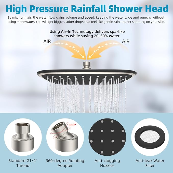 Rain Shower Head with 12" Metal Extension Arm, 10" High-Pressure Showerhead | Brushed Nickel, Boosting Rainfall/Fixed Showerhead, Shower Head Extender Adjustable Height/Angle, 1-Min Easy to Install