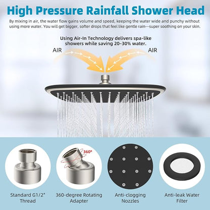 Rain Shower Head with 12" Metal Extension Arm, 10" High-Pressure Showerhead | Brushed Nickel, Boosting Rainfall/Fixed Showerhead, Shower Head Extender Adjustable Height/Angle, 1-Min Easy to Install
