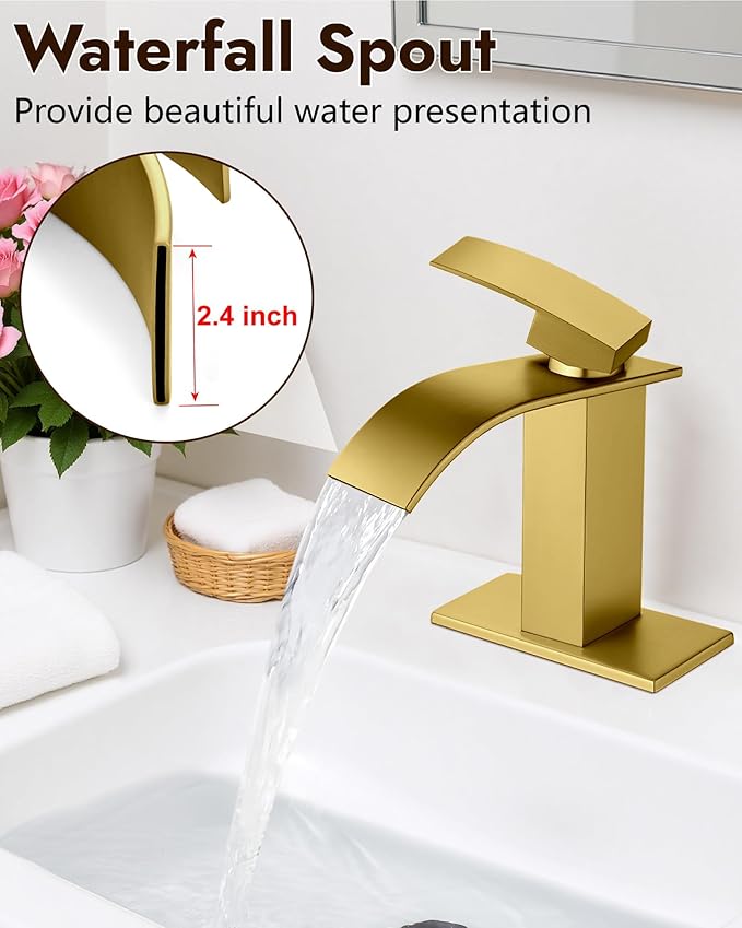 Midanya Bathroom Faucet with Waterfall Spout, Single Hole or 3-Hole Deck Mount, 304 Stainless Steel Sink Faucet with Pop-Up Drain, RV Vanity Compatible,Gold