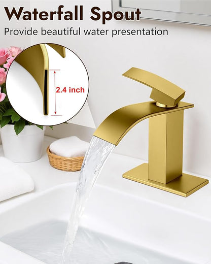 Midanya Bathroom Faucet with Waterfall Spout, Single Hole or 3-Hole Deck Mount, 304 Stainless Steel Sink Faucet with Pop-Up Drain, RV Vanity Compatible,Gold