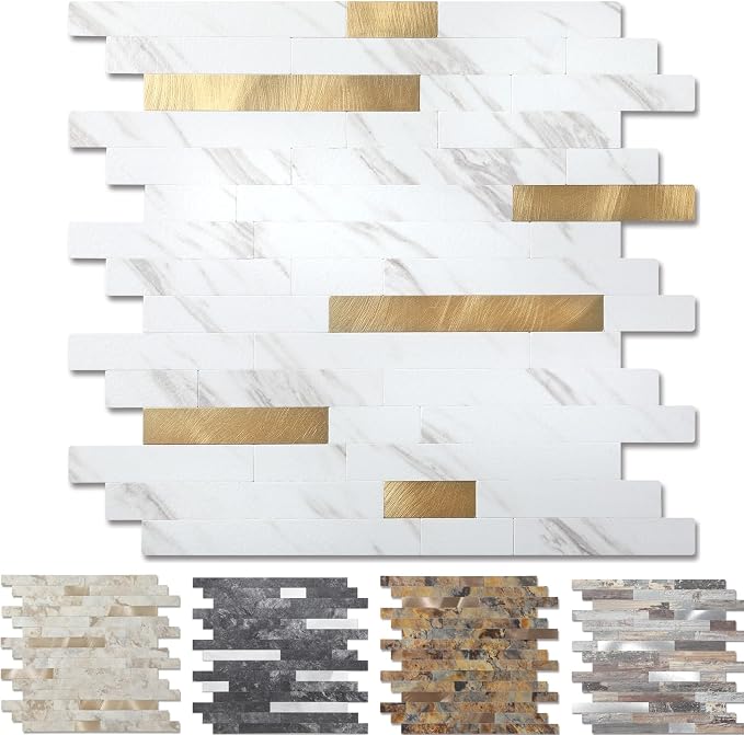 Yipscazo 2026 New Upgrade Peel and Stick Backsplash, Stick on Backsplash Tiles for Kitchen, Bathroom, Fireplace (10 Sheets, White Stone with Gold)