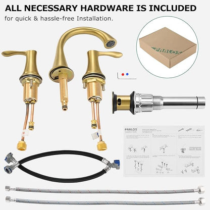 Bathroom Sink Faucet 8 Inch Widespread for Vanity, Brushed Gold | Mid Arc Brass Spout, 2 Handle Lead-Free Bathroom Faucet with Metal Pop Up Drain Supply Lines for 3 Hole Lavatory Utility Sink