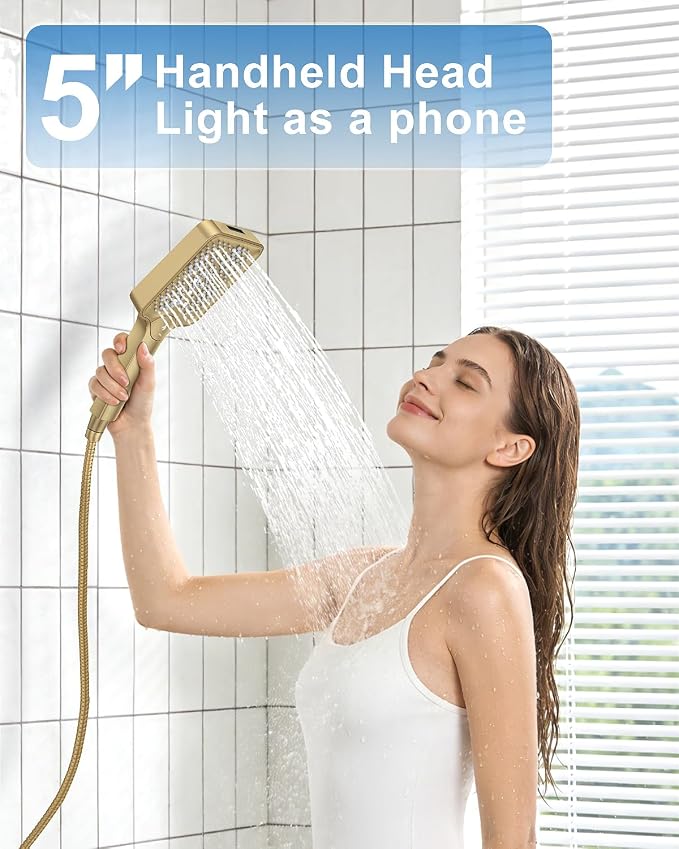 Shower System 13-Inch Rainfall Shower Head - 3 Setting Handheld Sprayer, Complete Bathroom Set with Faucet Mixer Trim Kit & Valve Brushed Gold