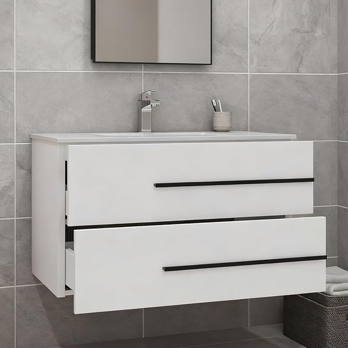 36 inch Floating Bathroom Vanity with Sink, Space Saving Fluted Design for Small Bathrooms, Soft Closing Drawers & Black Handles White