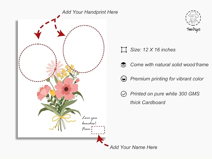 TwoDays Flower Bouquet Handprint Art Craft DIY Kit, Unique Gifts for Mom From Daughter or Son for Mother's Day Birthday Christmas, Gift for Grandma.(12" X 16", With Wood Frame)