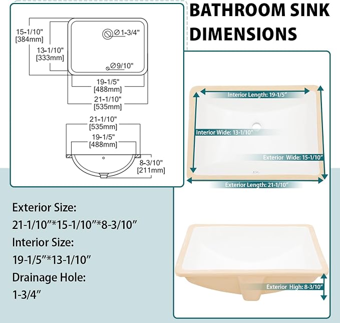 White Ceramic 22"x15" Undermount Bathroom Lavatory Sink | Rectangle under counter white bathroom vessel vanity sink for bathroom