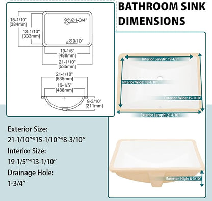 White Ceramic 22"x15" Undermount Bathroom Lavatory Sink | Rectangle under counter white bathroom vessel vanity sink for bathroom