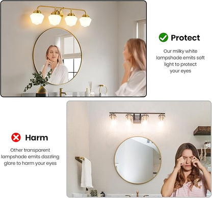 Bathroom Vanity Light Fixtures: 4 Lights Brushed Gold Vanity Lights for Bathroom, E26 60w Hardwired Wall Sconce Lighting with Frosted Milky Glass Over Mirror (Exclude Bulb)