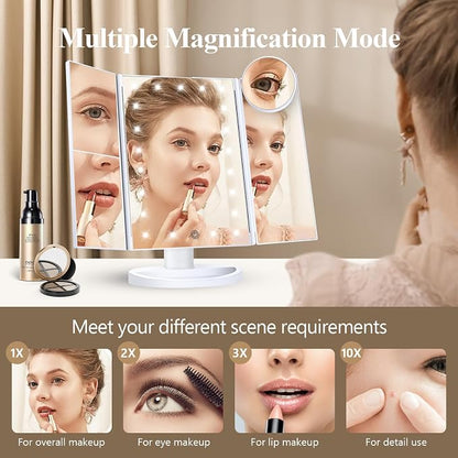 HUONUL 2X/3X/10X Magnifying Vanity Mirror with Light, Trifold Makeup Mirror | Touch Dimming, Dual Power, Clear View for Makeup, Skincare. Dorm Room Essentials. Birthday Gifts for Women, Mom, Wife, Girls
