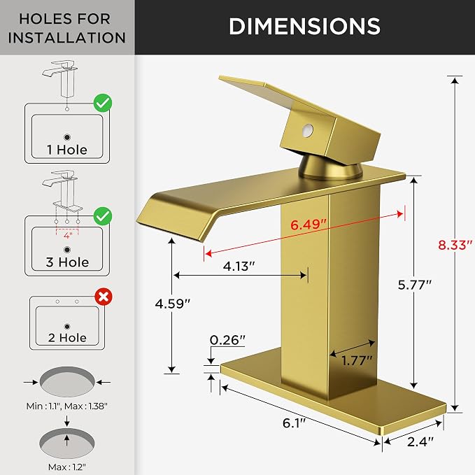 FORIOUS Bathroom Faucet 1 Hole Single Handle Vanity Faucets Brushed Gold | Sqaure Waterfall Spout, 1 or 3 Hole 4 Inch Centerset Sink with Drain and Hoses, for Vanity Rv Commercial Lavatory Restroom