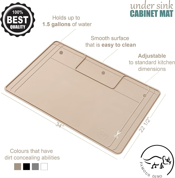 The Original Under Sink Mat - Silicone Waterproof mat, Trimmable, Easy to Clean, Kitchen cabinet liner, Under sink protector mats, Drip Tray with Lip (Beige, 31" x 22") or smaller