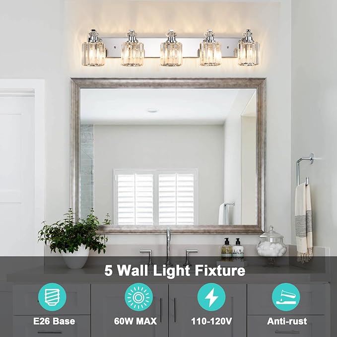 Chrome Bathroom Light Fixtures with K9 Crystal Lampshade Bathroom Lighting Over Mirror Vanity Lights for Living Room,Bedroom,Restroom,Hallway 5 Lights