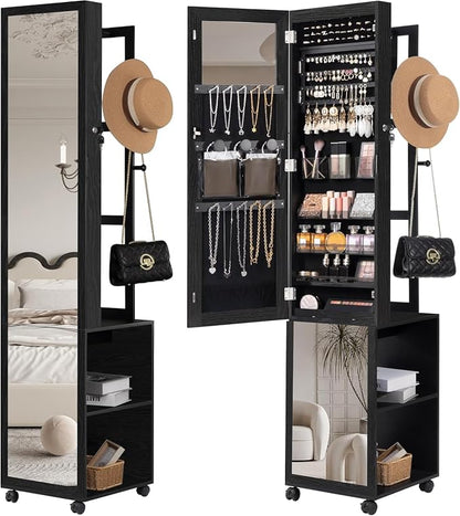 Hzuaneri 8 LEDs Jewelry Cabinet Armoire, 66.9-inch Jewelry Organizer | Lockable Full-length Mirror with Garment Rack & 4 Wheels, Storage Shelves with Hooks, 5-in-1, Black JC17004B