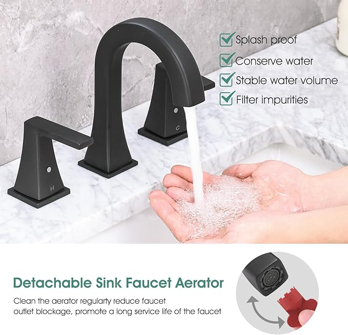 Bathroom Faucets for Sink, 2 Handle Widespread Bathroom Sink Faucet, 3 Hole Modern Stainless Steel Faucet with Pop-up Drain and Water Supply Lines, Matte Black