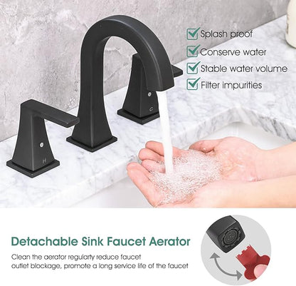 Bathroom Faucets for Sink, 2 Handle Widespread Bathroom Sink Faucet, 3 Hole Modern Stainless Steel Faucet with Pop-up Drain and Water Supply Lines, Matte Black