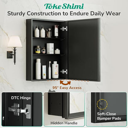 14 x 18 Recessed Medicine Cabinet, Assembly Required, Black Bathroom Medicine Cabinet with Mirror, Stepless Adjustable Shelves, Tempered Glass, Beveled Aluminum Frame