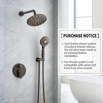 SunCleanse Oil Rubbed Bronze Shower System, Shower Faucet Sets Complete with Rain Shower Head and 7-Settings Handheld Shower Spray, Included Rough in Valve and Trim Kit
