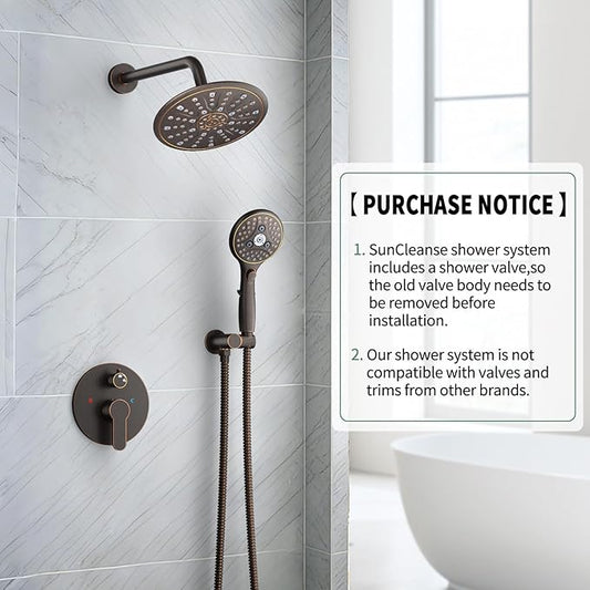 SunCleanse Oil Rubbed Bronze Shower System, Shower Faucet Sets Complete with Rain Shower Head and 7-Settings Handheld Shower Spray, Included Rough in Valve and Trim Kit