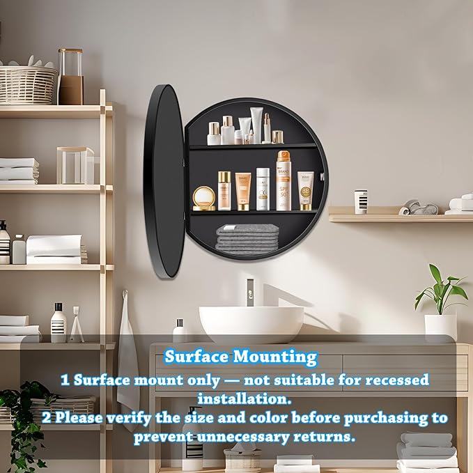26 x 26 Inch Round Medicine Cabinet with Mirror, Surface Mount Only, Black Metal Frame Bathroom Mirror Cabinet, Modern Shatterproof Vanity Mirror with Storage