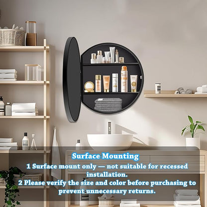 24 x 24 Inch Round Medicine Cabinet with Mirror, Surface Mount Only, Black Metal Frame Bathroom Mirror Cabinet, Modern Shatterproof Vanity Mirror with Storage
