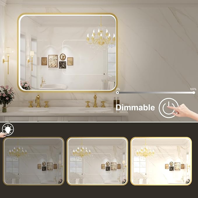48X36 Inch LED Gold Frame Bathroom Mirror,3 Color | ETL Listed,Anti-Fog,3000K/4500K/6000K Dimmable,Horizontal & Vertical,Wall Mounted,Memory Function