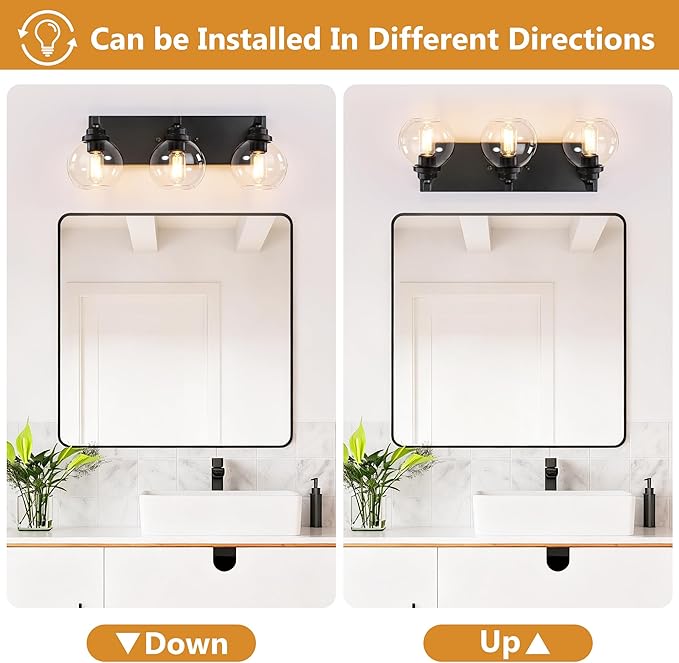 Bathroom Light Fixtures, 3-Light Matte Black Vanity Lights, Modern Bathroom Lighting Fixtures Over Mirror, Farmhouse Vanity Lights with Glass Shade for Living Room, Bedroom, Hallway