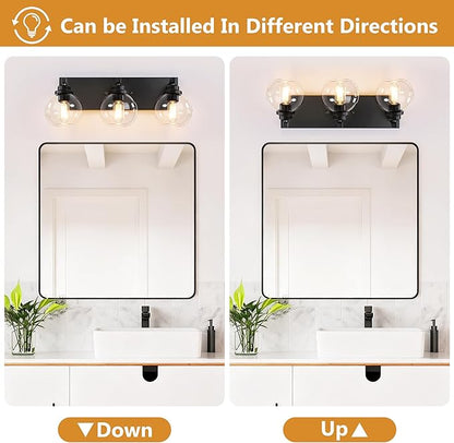 Bathroom Light Fixtures, 3-Light Matte Black Vanity Lights, Modern Bathroom Lighting Fixtures Over Mirror, Farmhouse Vanity Lights with Glass Shade for Living Room, Bedroom, Hallway